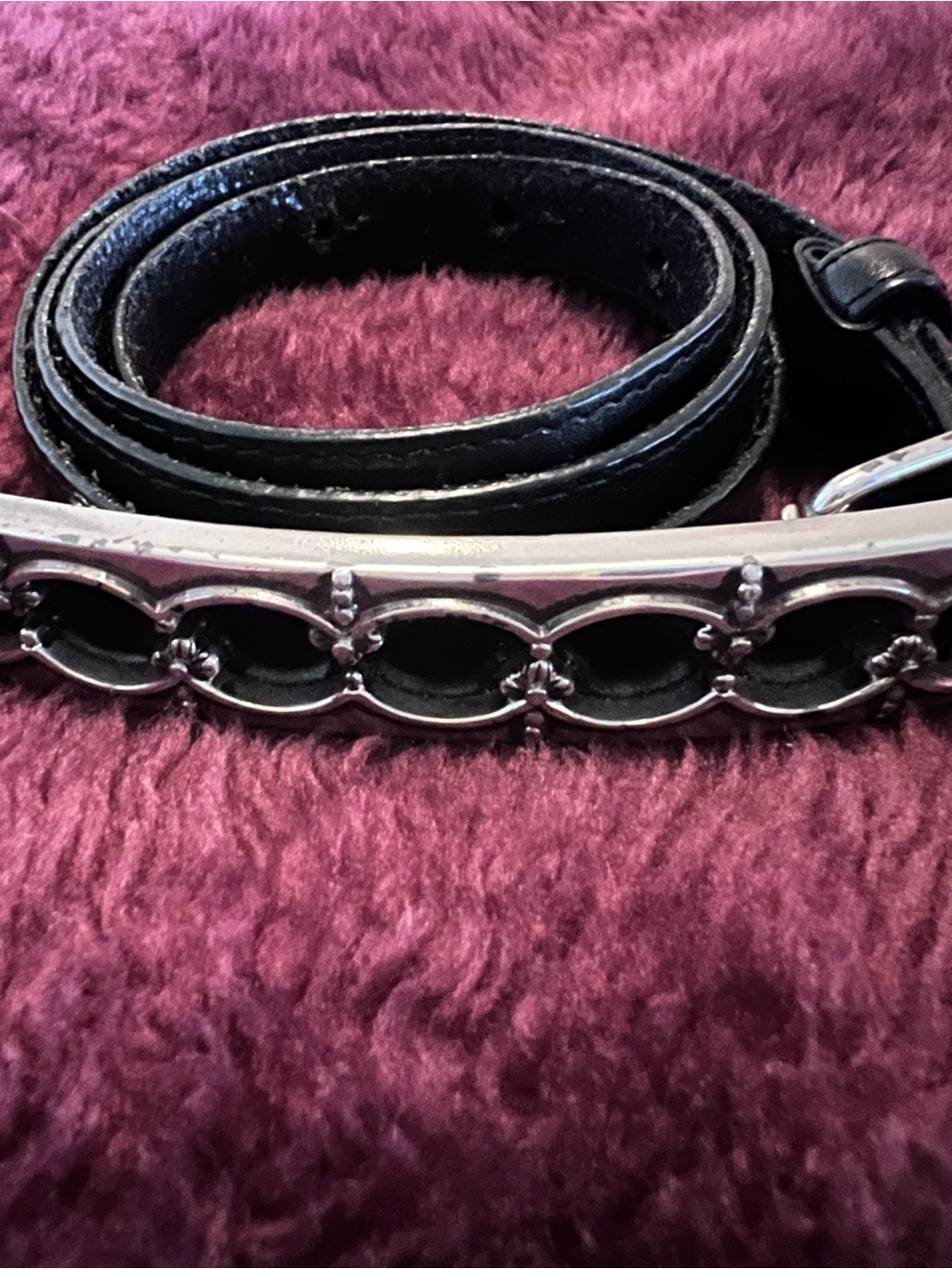 VINTAGE BRIGHTON Black Leather Ornate Silver Floral Scroll Statement Belt